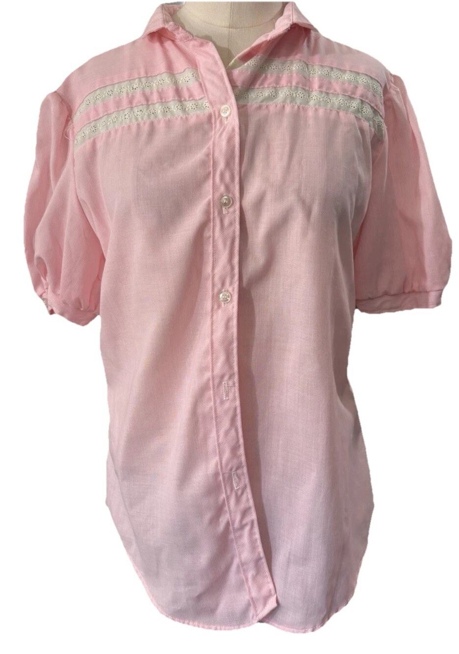 Vintage Oak Hill Light Pink Button Front Shirt Womens Medium Lace Accents Blouse